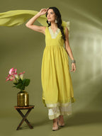 Myshka Women's Yellow Solid Georgette Anarkali Party Kurta Set With Dupatta