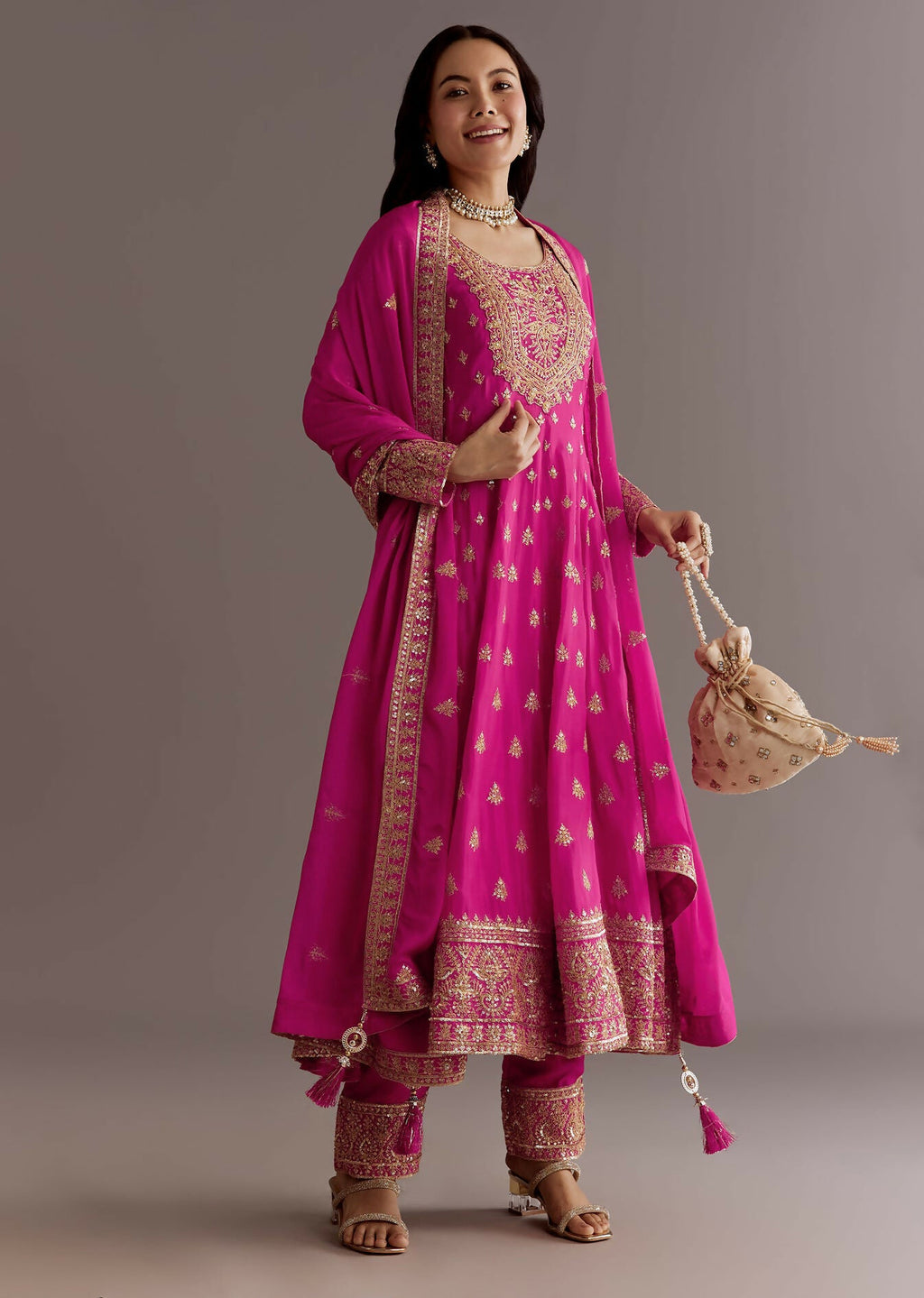 Teeya Creation Pink Color Chinnon Silk Embroidery Work Gown - Distacart