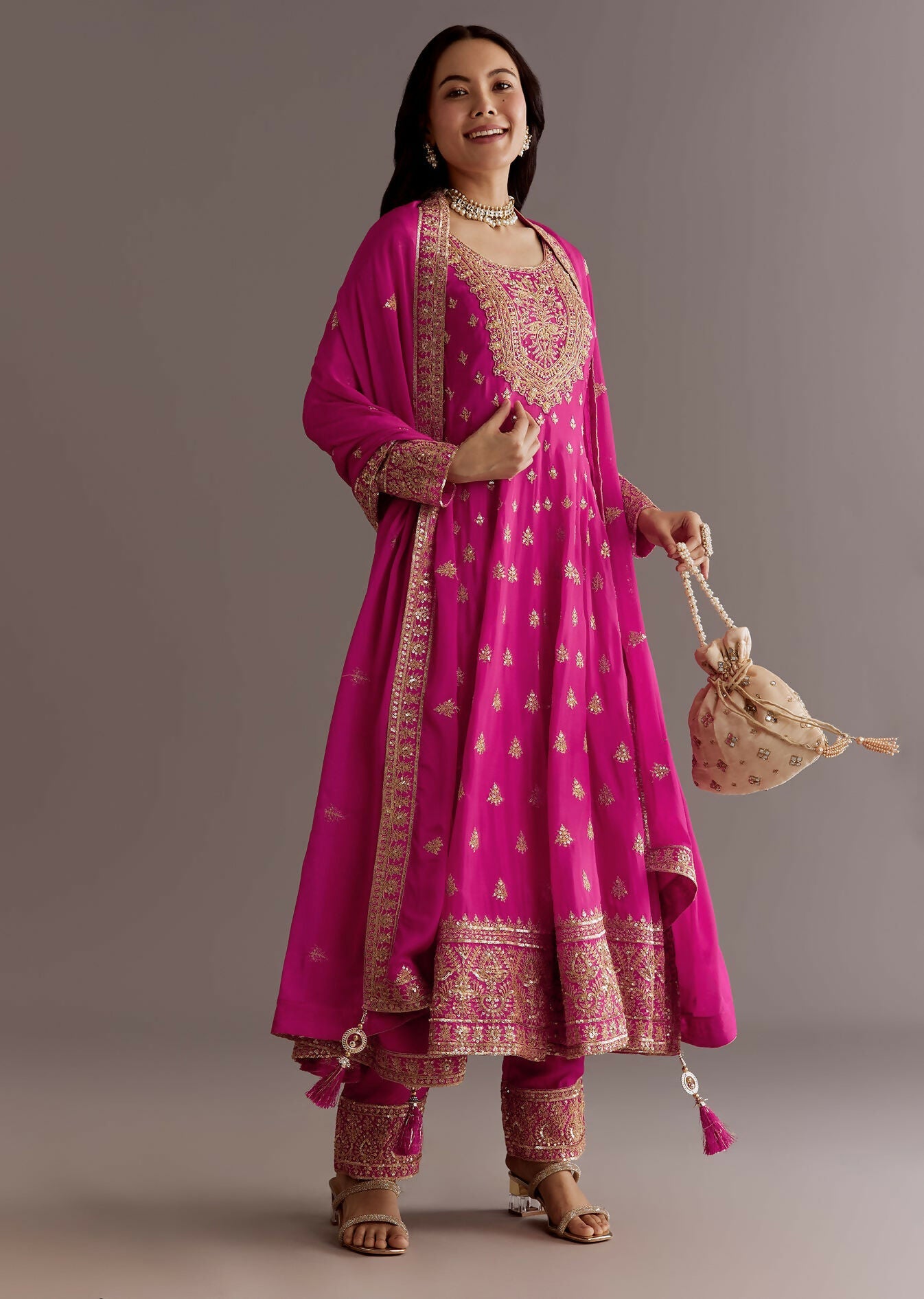 Teeya Creation Pink Color Chinnon Silk Embroidery Work Gown - Distacart