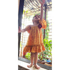 Mhyssa Half Frill Sleeves Square Neck Yellow Block Printed Frock