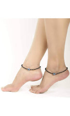 Mominos Fashion Traditional Black Beads Silver-Plated Anklets For Girls