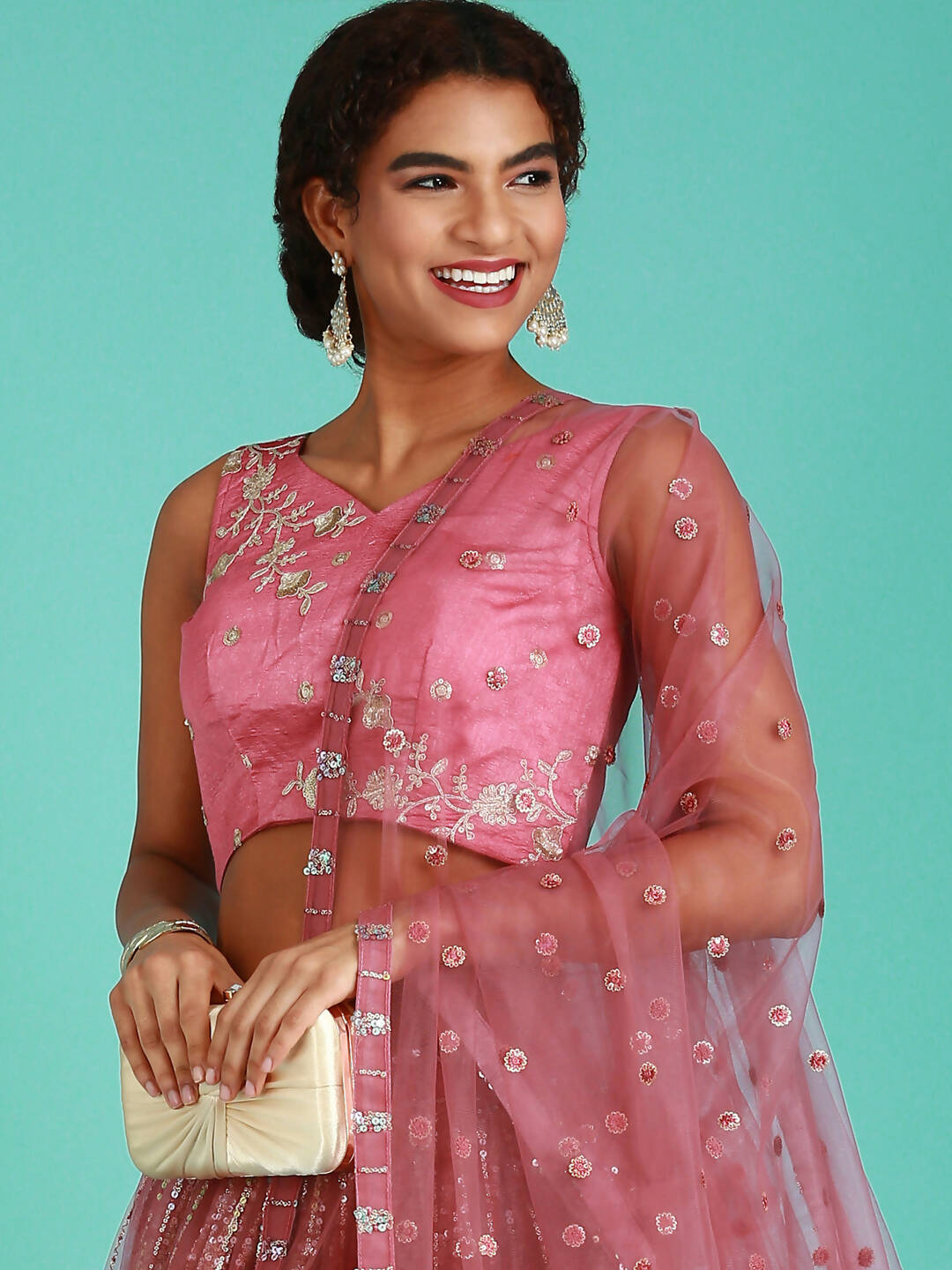 House of Panchhi Rose Gold Net Sequinse Work Lehenga & Blouse, Dupatta