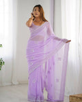 Attractive Looking Georgette Thread, Sequance Embroidery Work Party Wear Saree - Lavender