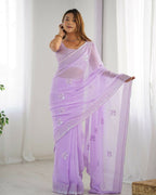 Attractive Looking Georgette Thread, Sequance Embroidery Work Party Wear Saree - Lavender