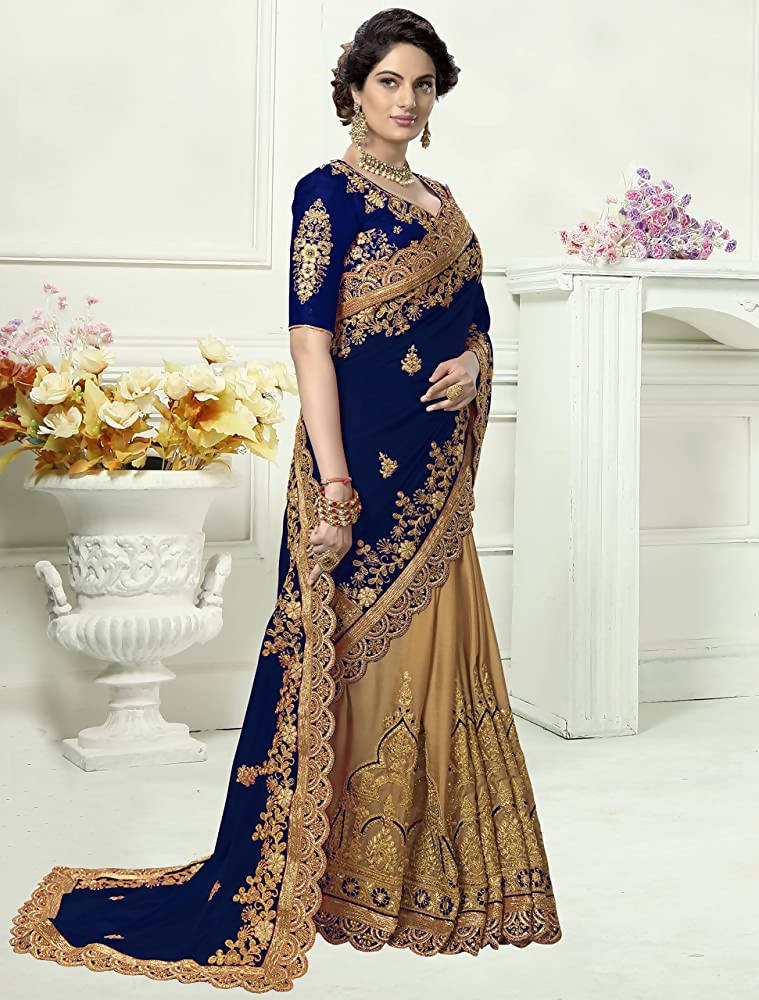 Panash Trends Women's Blue Silk Heavy Embroidery Saree