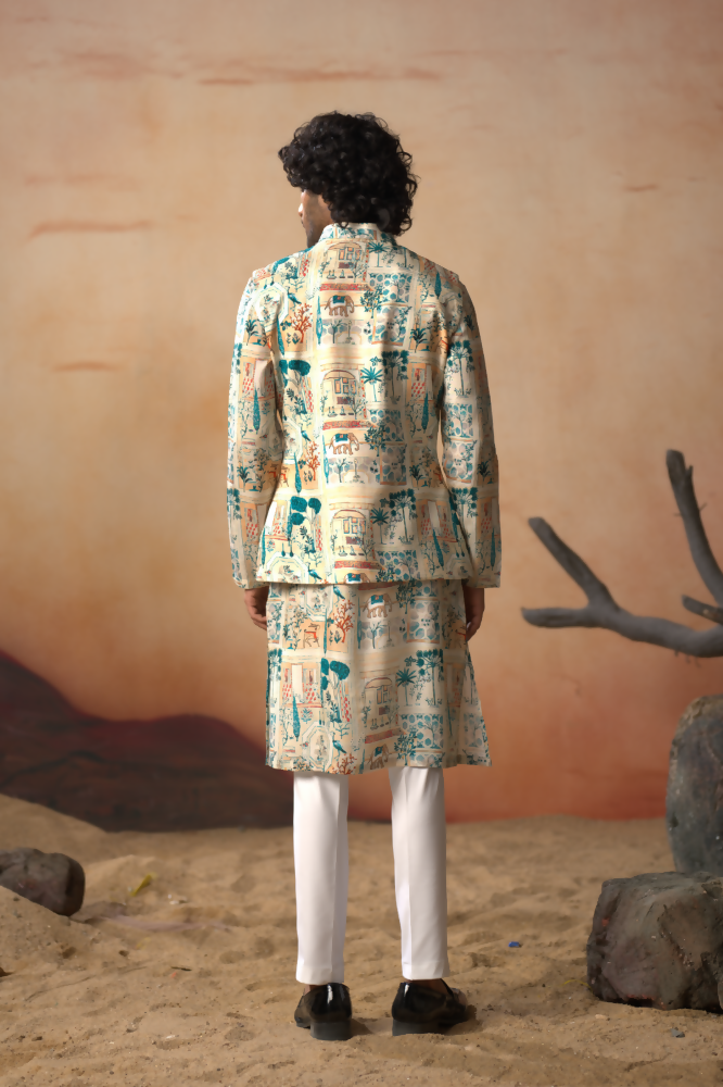 Classic Forest Print Silk Nehrujacket Set by Hilo Design