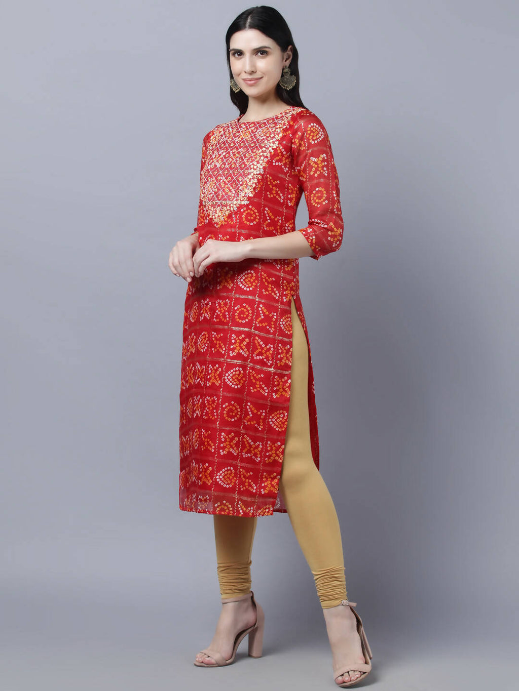 Myshka Women Red Yellow Bandhani Printed Mirror Work Kurta - Distacart