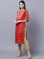 Myshka Women Red Yellow Bandhani Printed Mirror Work Kurta - Distacart
