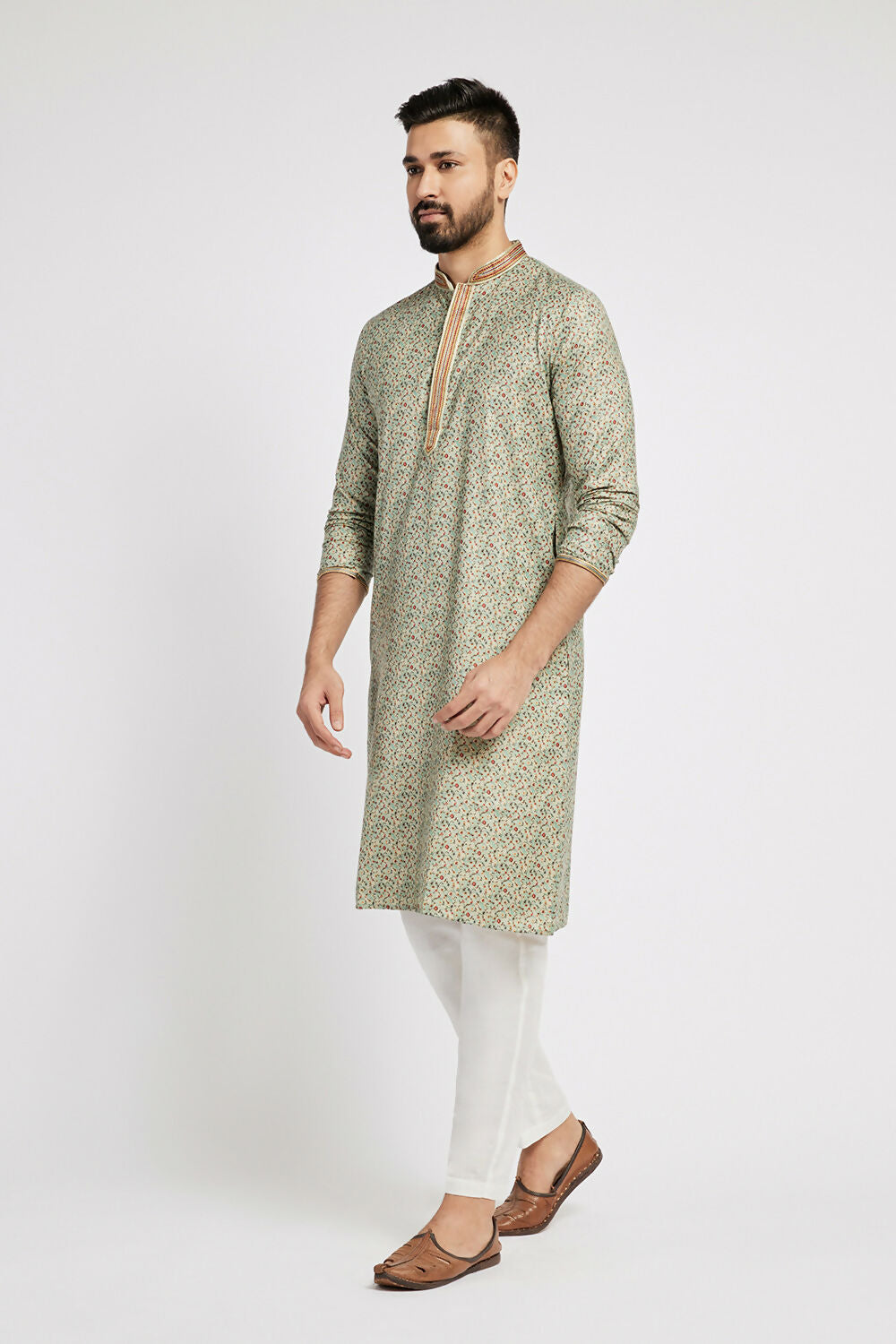 Ethnic India Blue Men's Kurta Floral Polyester