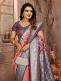 Anaita Peach kochi Silk With Beautiful Checks Weaving Saree With Blouse