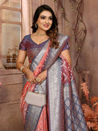 Anaita Peach kochi Silk With Beautiful Checks Weaving Saree With Blouse