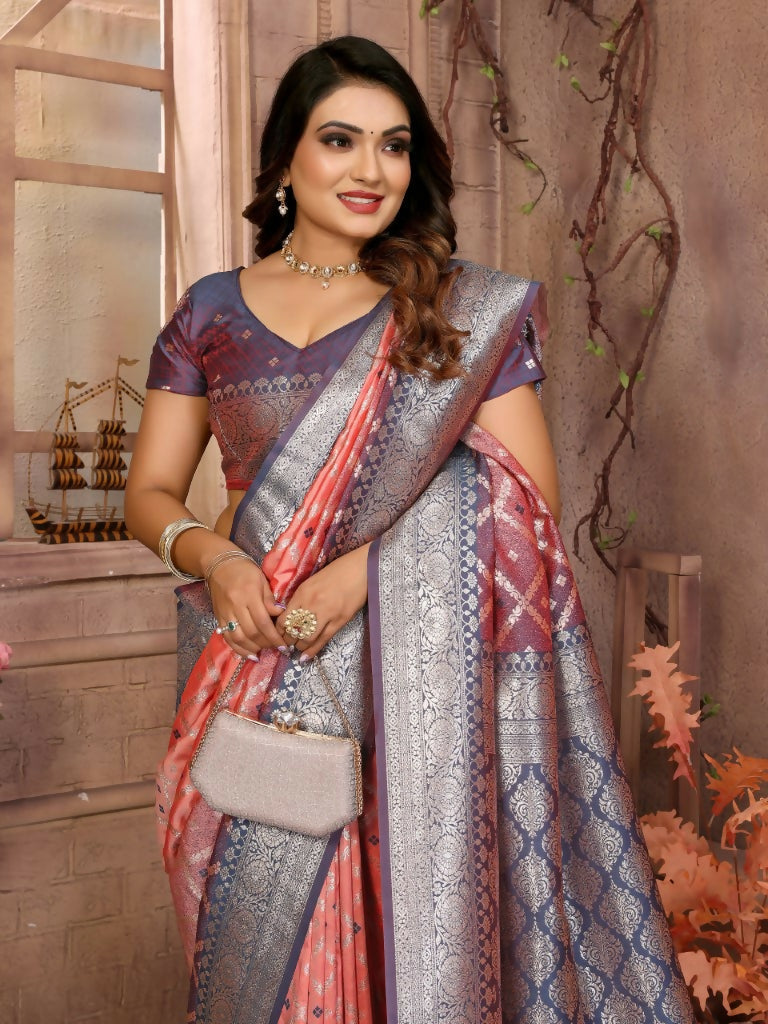 Anaita Peach kochi Silk With Beautiful Checks Weaving Saree With Blouse
