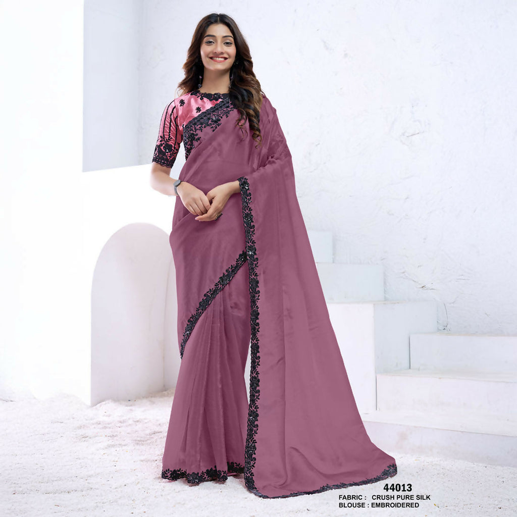 Dark Mauve Crush Pure Silk Sequence With Hand Work Saree With Unstitched Blouse - Norita Swaraa