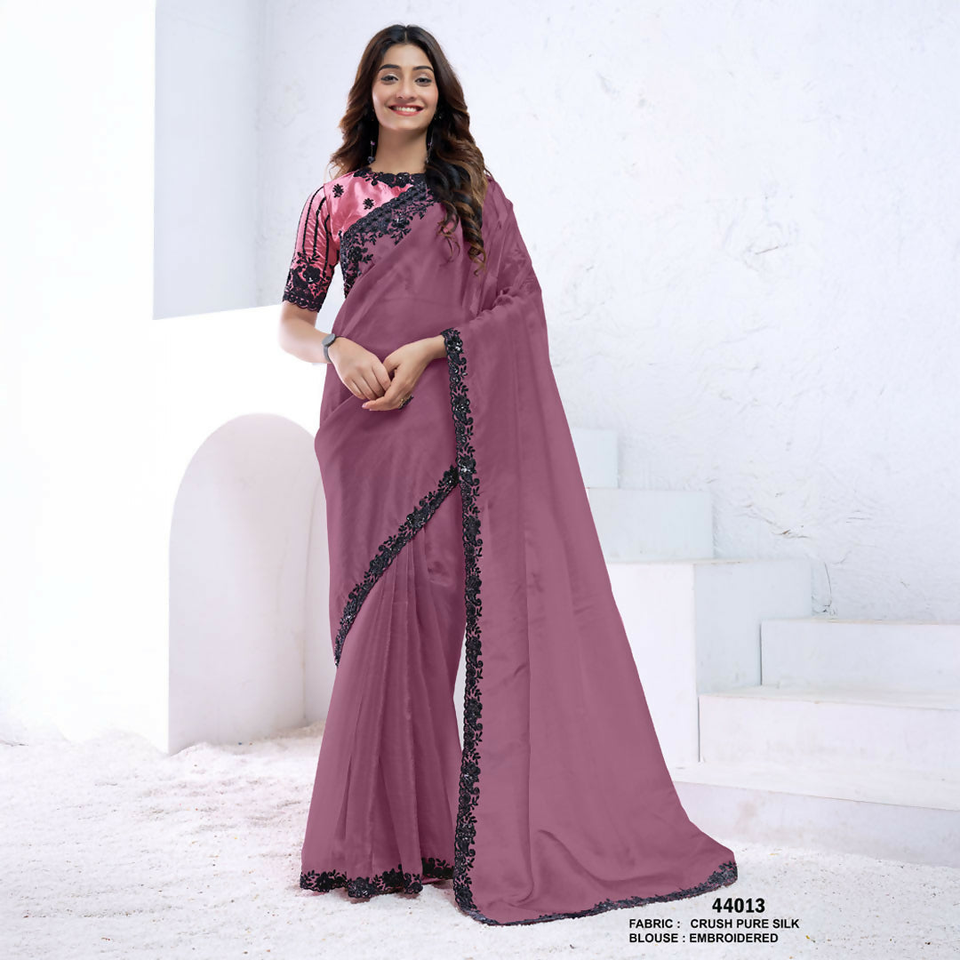 Dark Mauve Crush Pure Silk Sequence With Hand Work Saree With Unstitched Blouse - Norita Swaraa