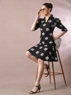 Myshka Women's Black Printed Shirt Collar Fit and Flare Party Dress - Distacart