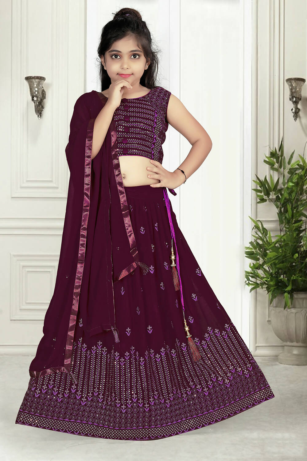 Wedding Designer Wine Pure Georgette Kidswear Lehenga - Aaradhna