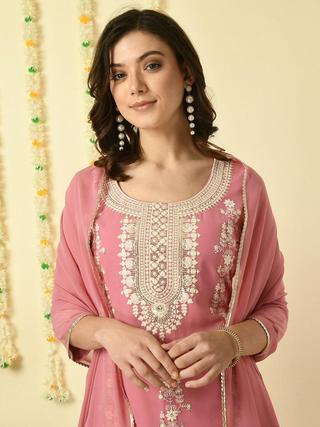 Myshka Women's Pink Georgette Kurta & Skirt With Dupatta Party Sets