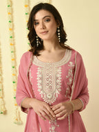 Myshka Women's Pink Georgette Kurta & Skirt With Dupatta Party Sets
