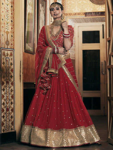 Wedding Designer Sequene Zari Resham Embroidery Red Georgette Lahengha Choli - Anbazaar