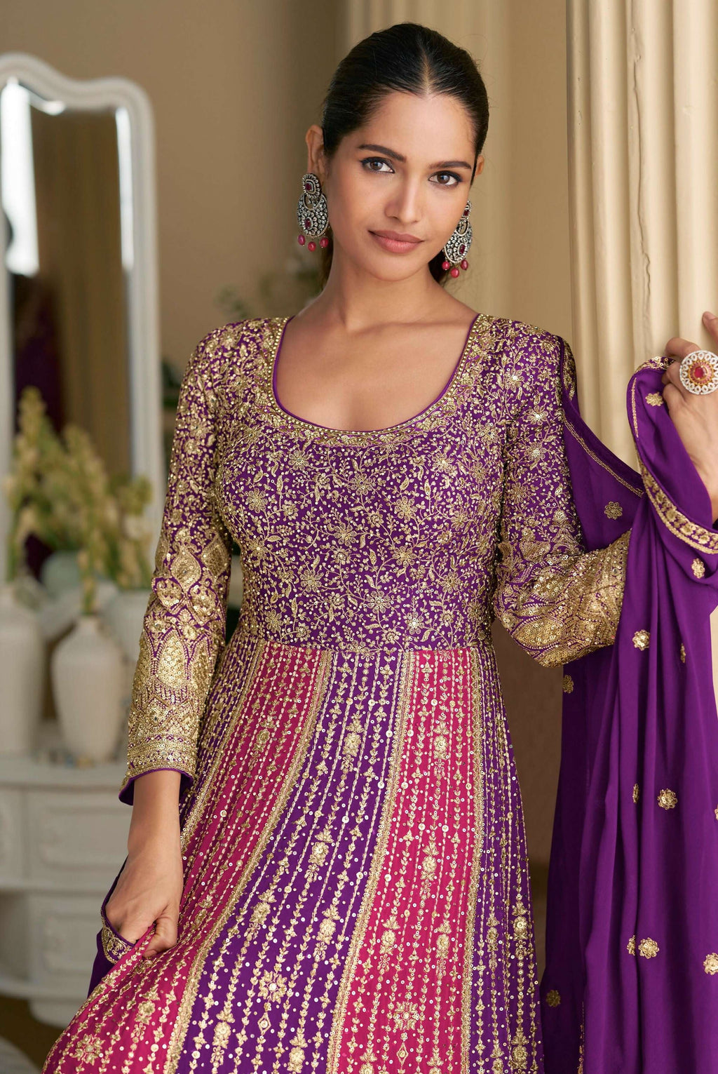 Anaita Purple Georgette Readymade Anarkali Suit with Embroidery Zarkan Work - Distacart
