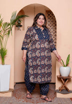 Miravan Womens Plus Size Cotton Floral Printed Shirt-Collar Straight Kurta and Palazzo set