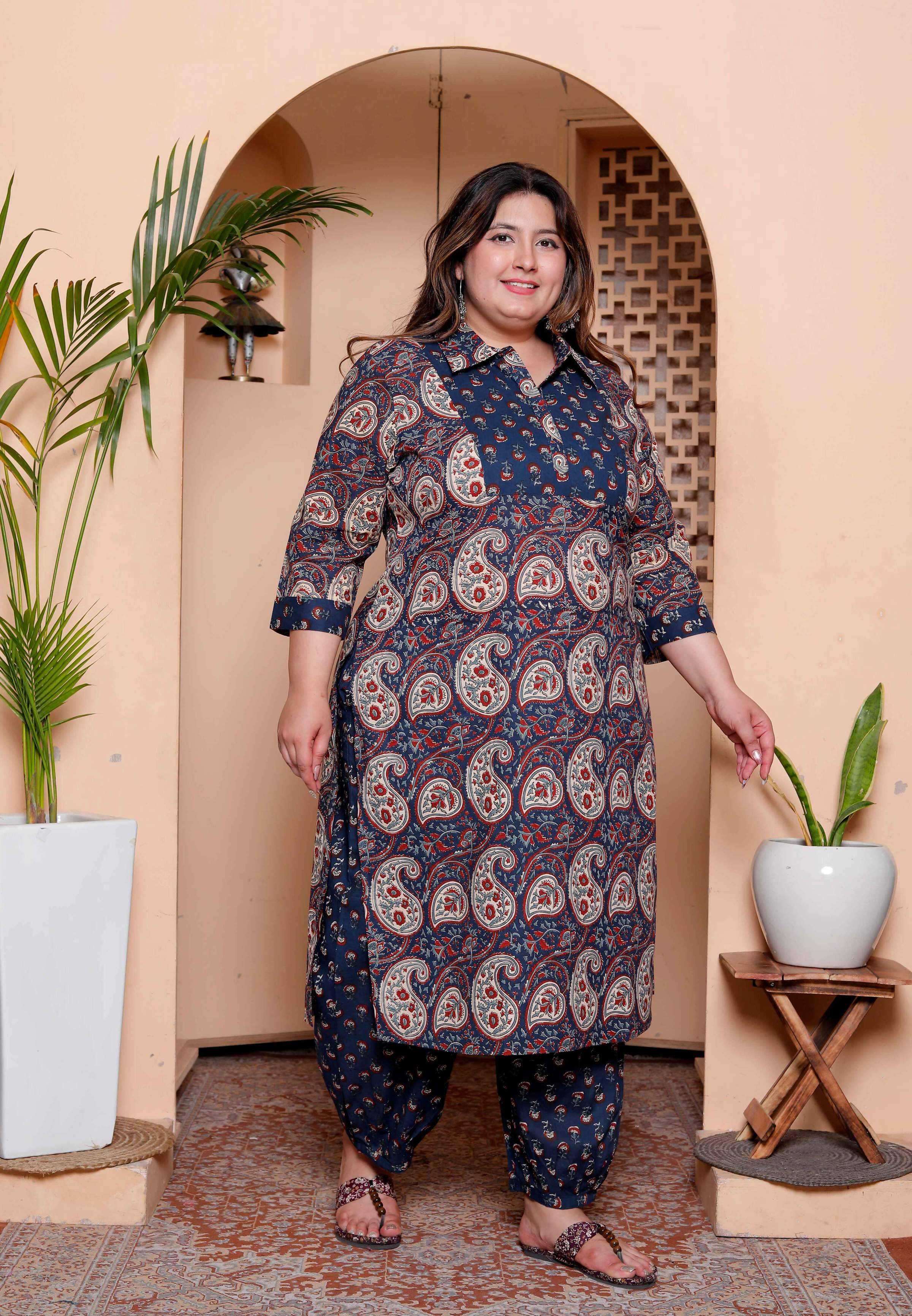 Miravan Womens Plus Size Cotton Floral Printed Shirt-Collar Straight Kurta and Palazzo set