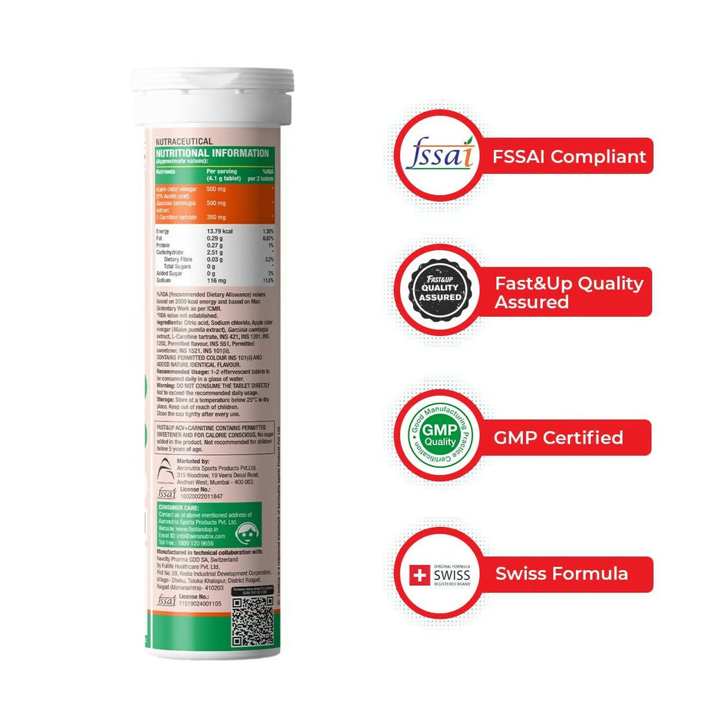 Fast&Up ACV + Carnitine, 500mg ACV , 350mg L-Carnitine, 500mg Garcinia - Lemon Flavour