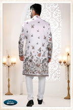 Joban Fashion Men's White Straight Silk Thread And Sequence Embroidery All Over 3 Pc Kurta Set