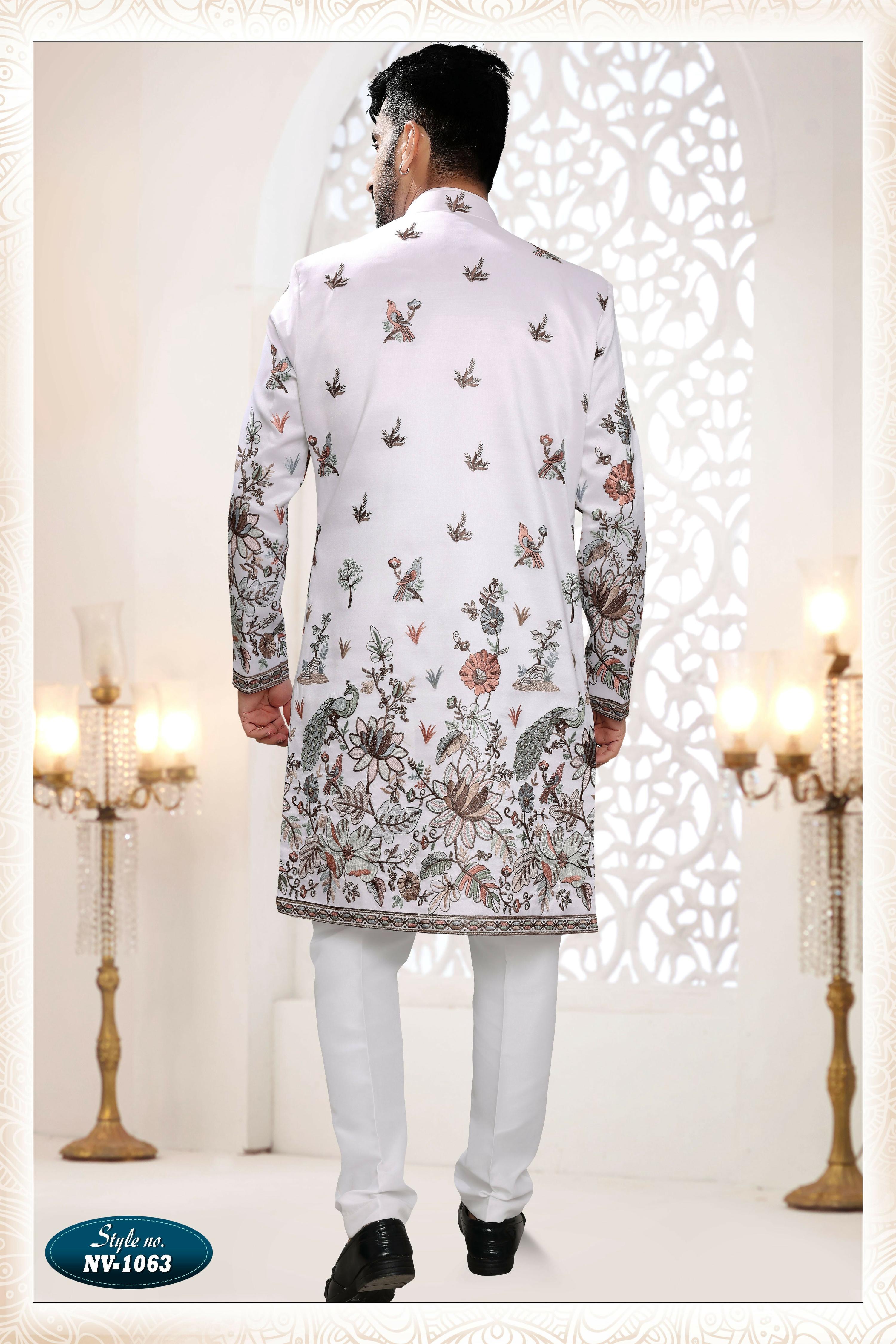 Joban Fashion Men's White Straight Silk Thread And Sequence Embroidery All Over 3 Pc Kurta Set