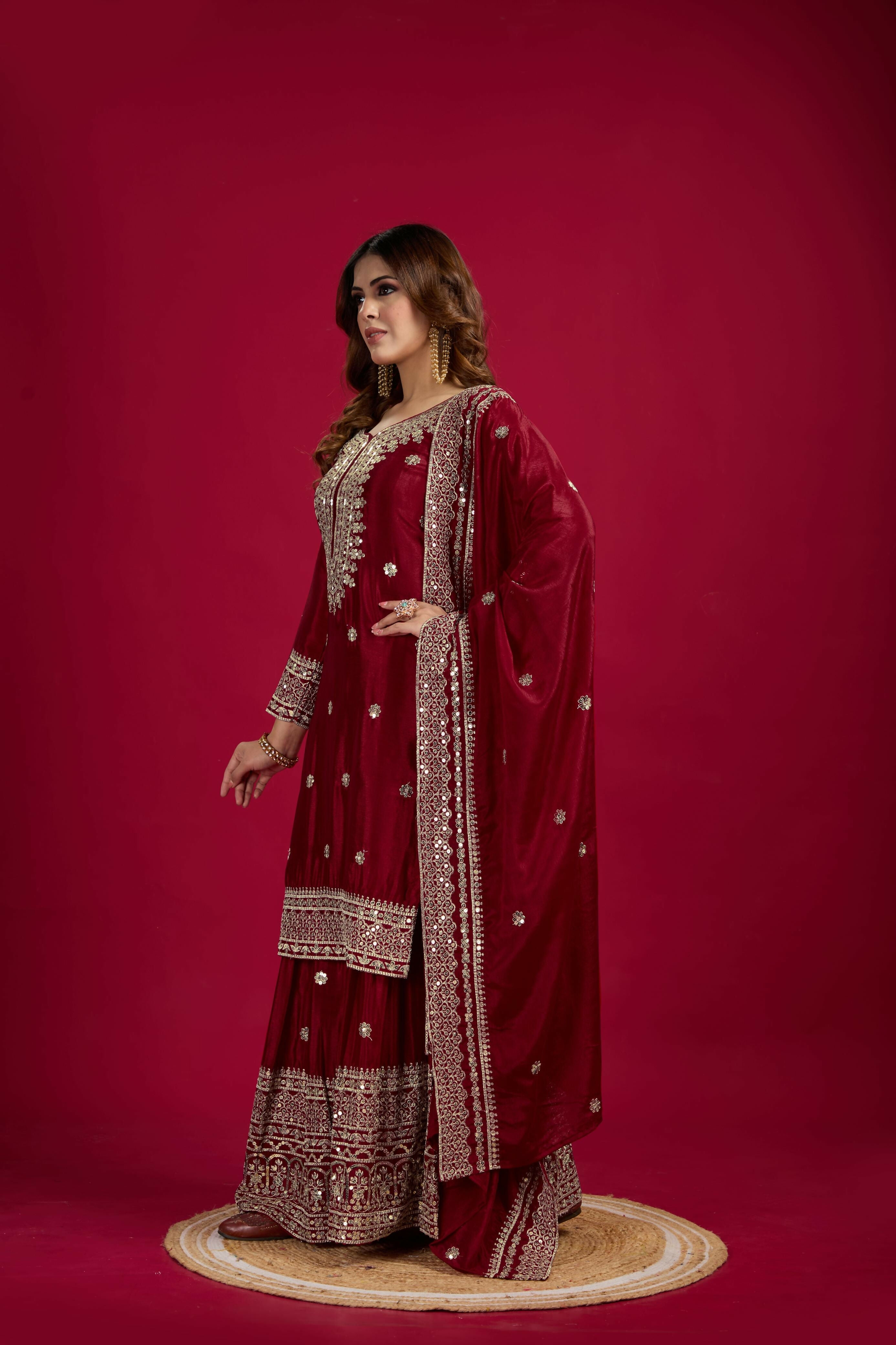 Joban Fashion Maroon Kurta Set Silk Sequins , Zari, Coding & Thread Embroidered work - Distacart