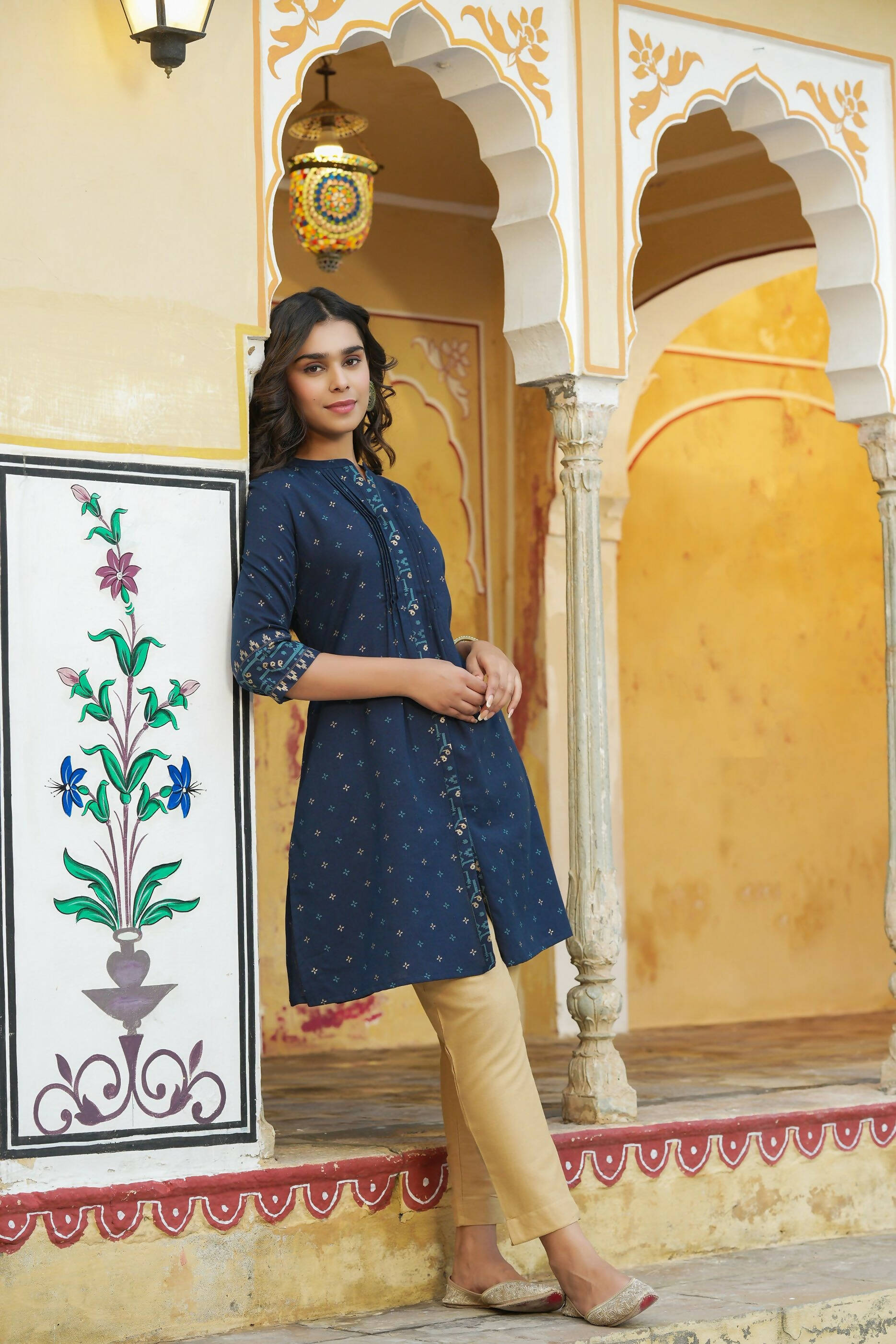 Juniper Women's Blue Cotton Flex Printed A-Line Kurta - Distacart