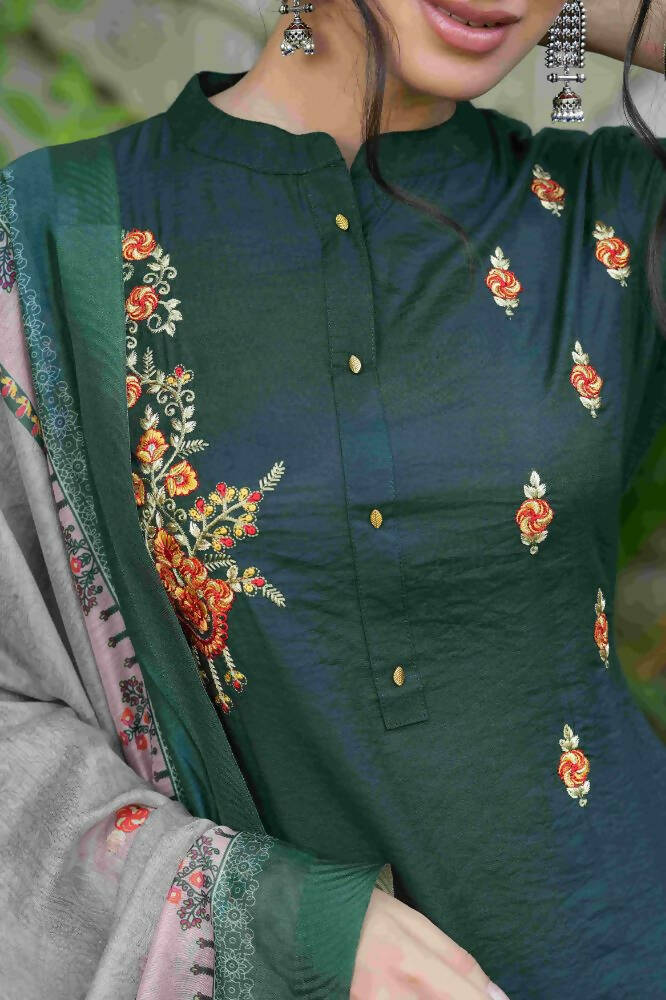 Juniper Bottle Green Mono Viscose Festive Wear Embroidered Straight Kurta Pant Dupatta Set - Distacart