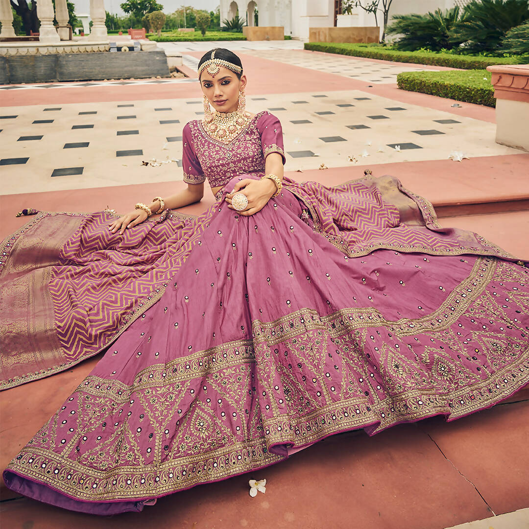 Onion Pink Heavy Viscose Khatli, Embroidery & Mirror Work Unstitched Lehenga Choli - Sisha Keshav