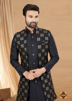 Joban Fashion Men's Black Heavy Art Silk Plain Indowestern