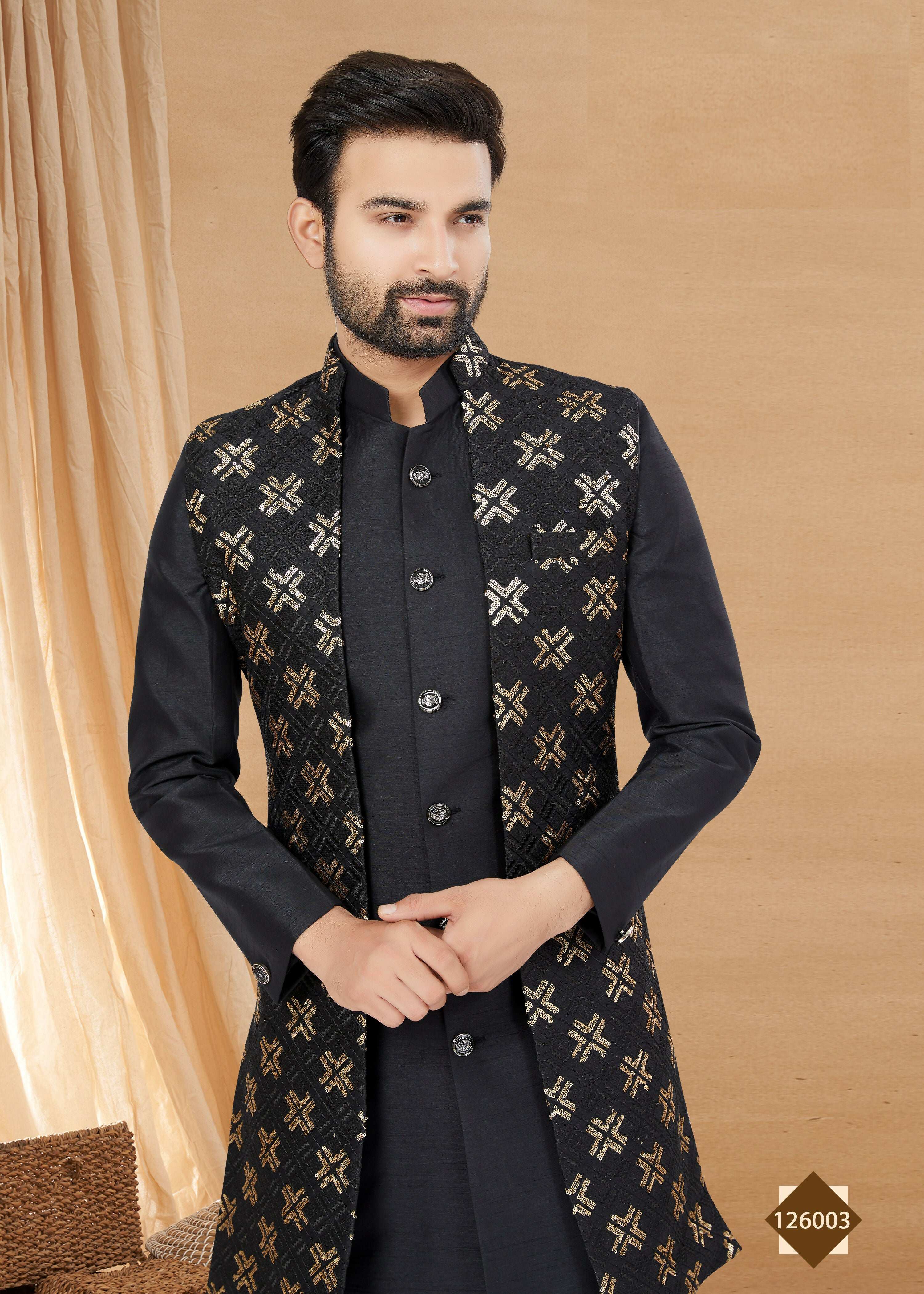 Joban Fashion Men's Black Heavy Art Silk Plain Indowestern