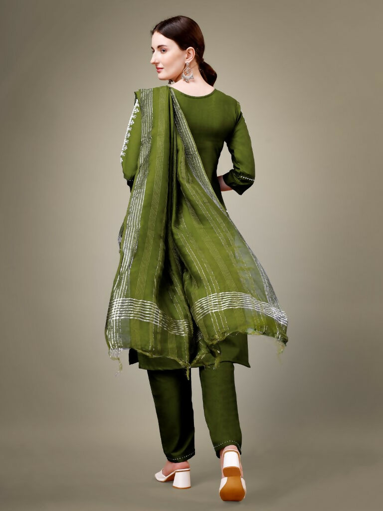Jyoti Fashion Women's Mehendi Cotton Blend Embroidery & Sequence work Kurta with Trouser & Dupatta