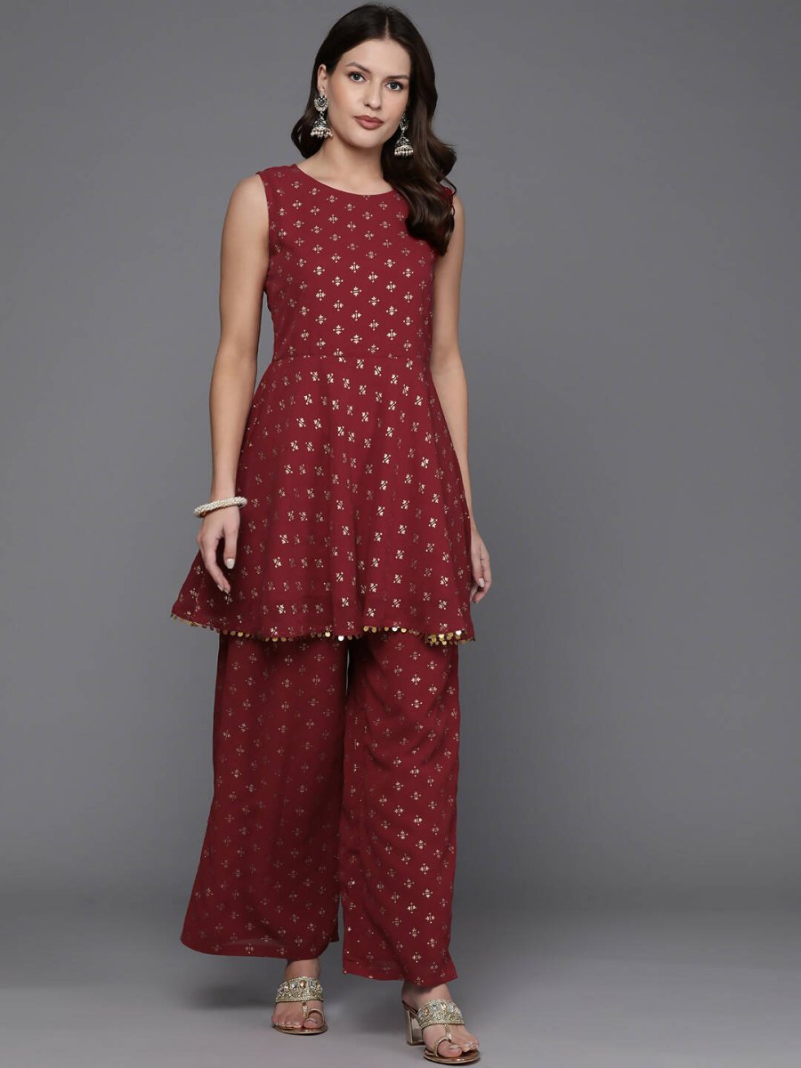 Ahalyaa Women Printed Tunic with Palazzos - Maroon Color