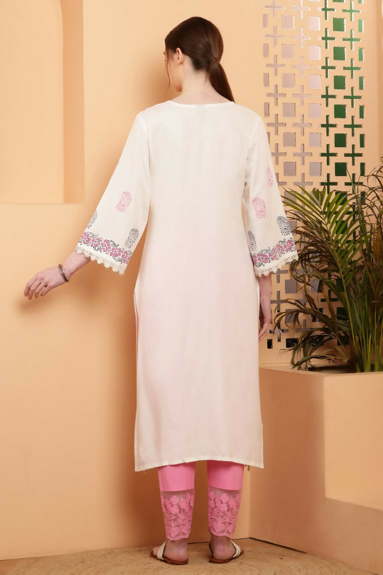 Cheera Women Stylish Hand Block Printed Cotton Blend Flared Kurta - Off White