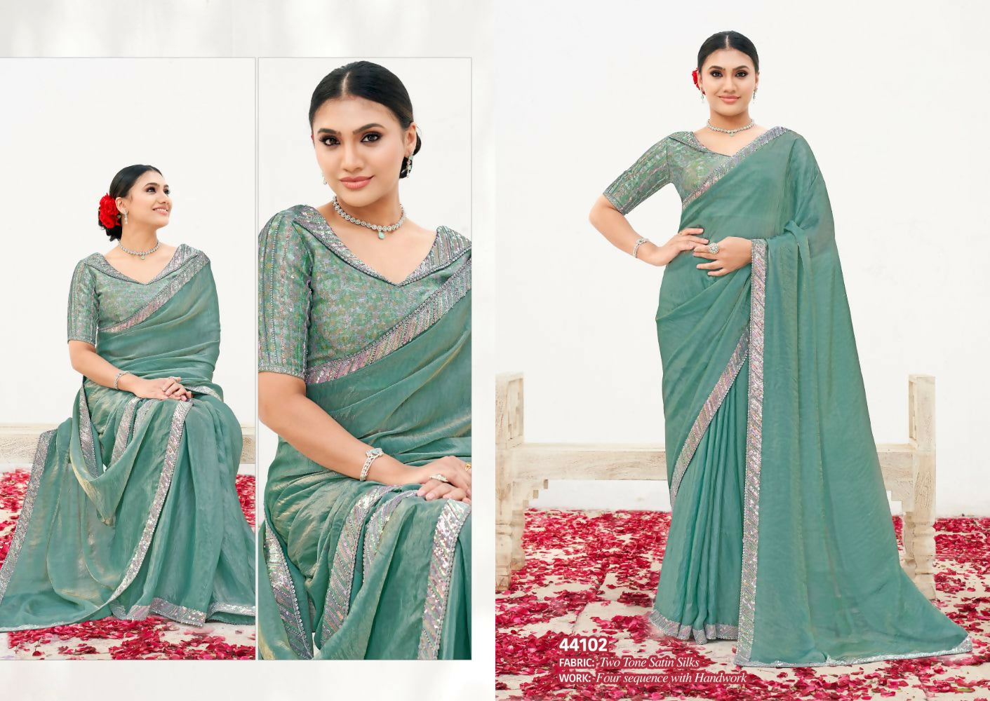 Sea Green Two Tone Satin Silk Handwork Saree with Unstitched Blouse - Norita Varya