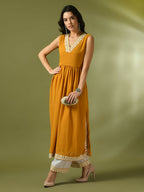 Myshka Women's Yellow Solid Georgette Anarkali Party Kurta Set