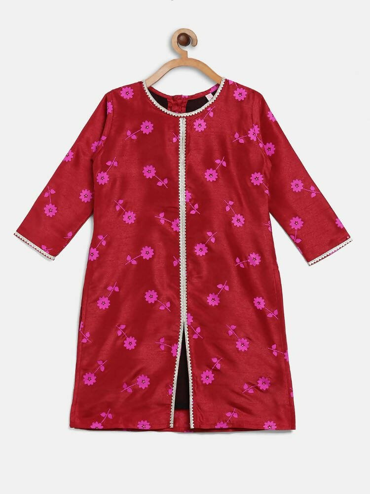 Ahalyaa Red Poly Silk Straight Printed Kids Kurta Palazzo Set For Girls