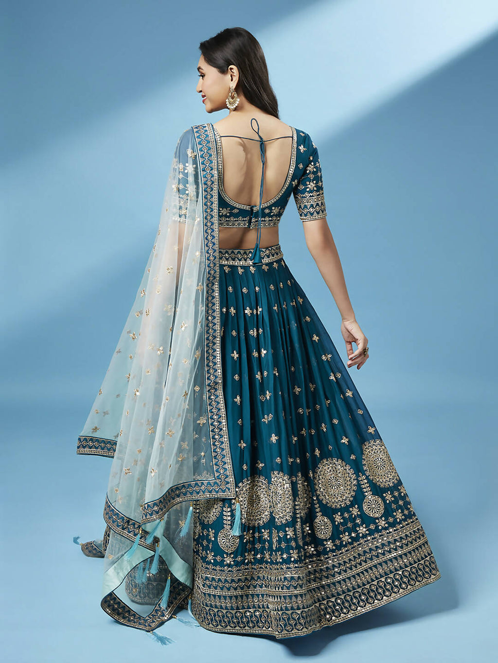 House of Panchhi Teal - Pure Georgette Embroidered Lehenga