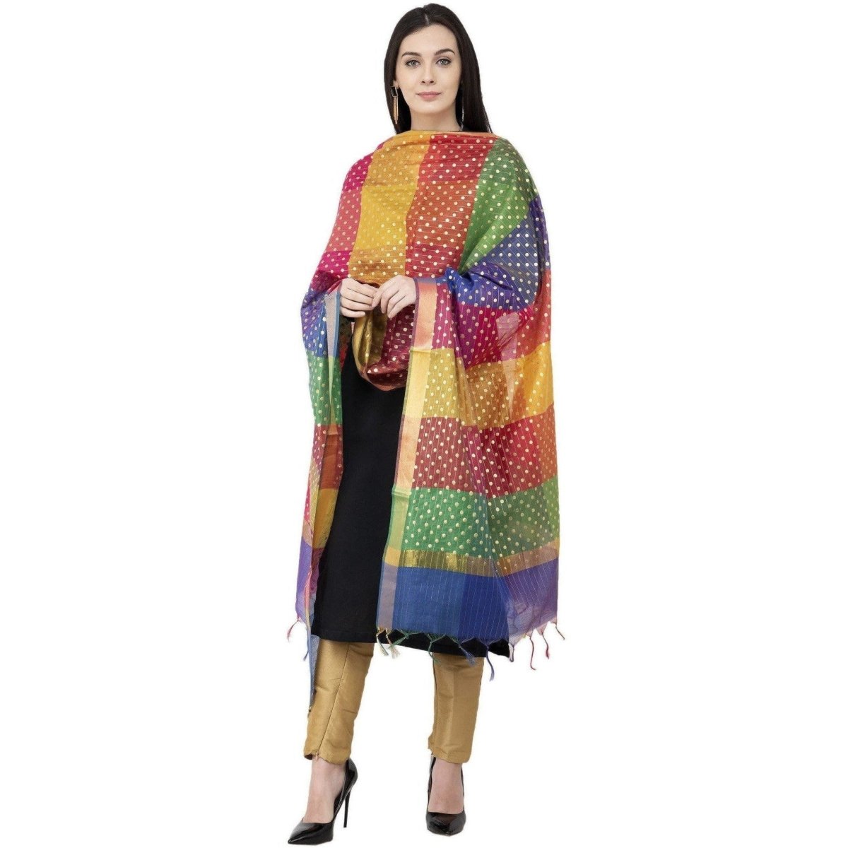 A R SILK Multi Box Gold print Fancy Dupatta Multi Color Color Dupatta or Chunni