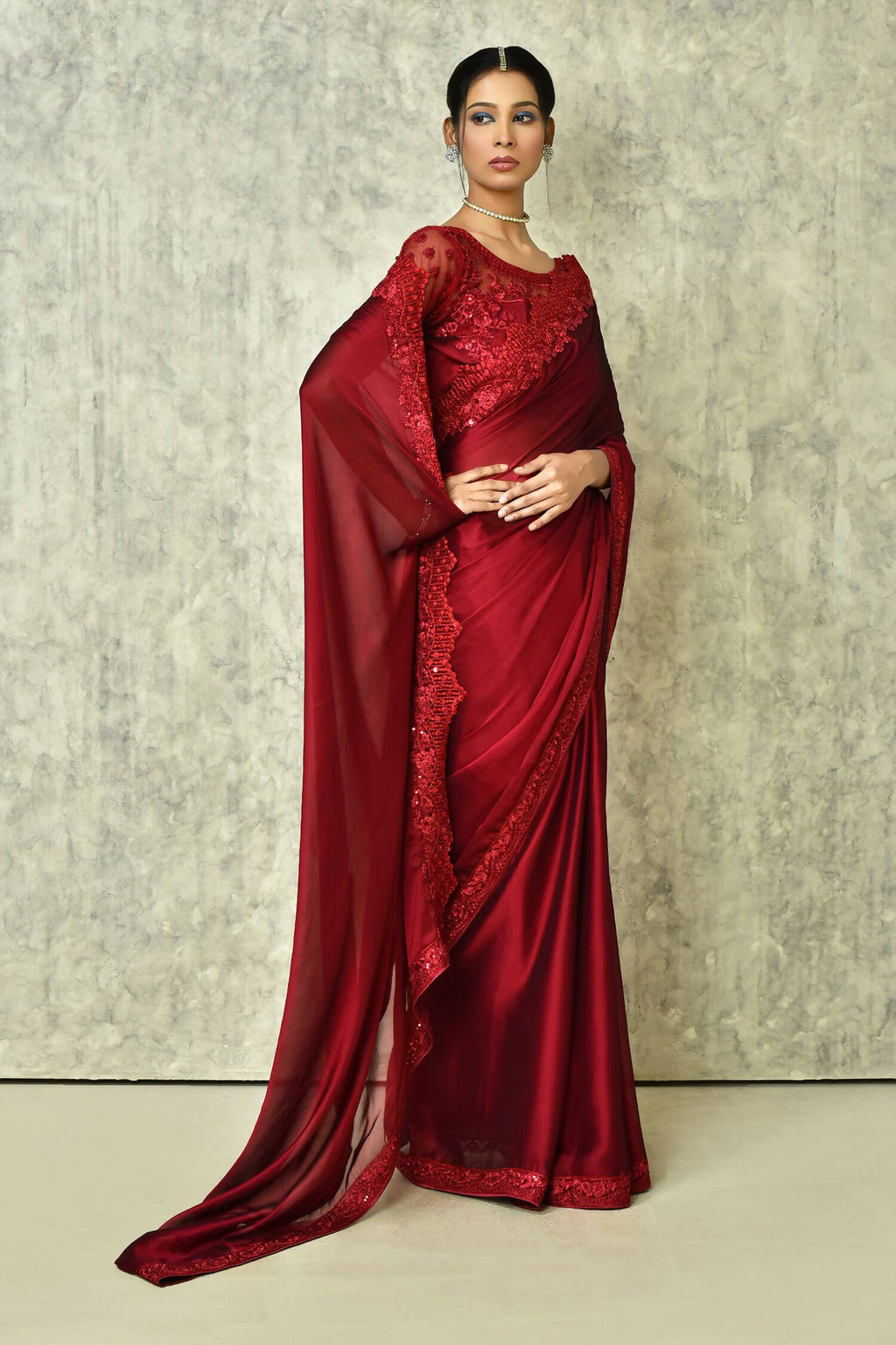 Wine Silk Plain Saree with Blouse Piece - Purvi