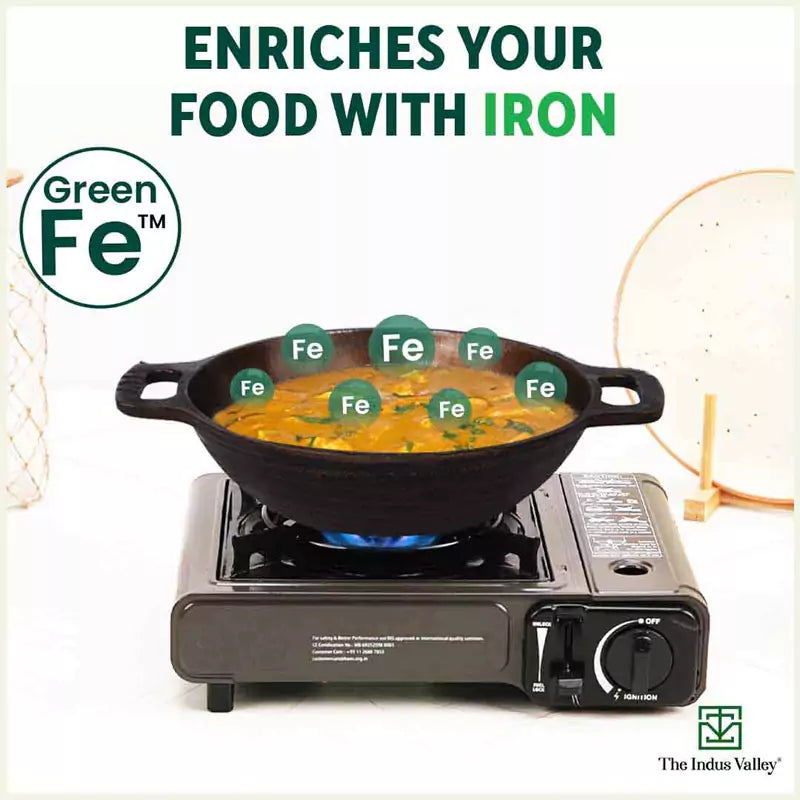 The Indus Valley Super Smooth Cast Iron Kadai,Pre-seasoned, Nonstick, 100% Pure, Toxin-free, Spatula, 25.4cm, 2.5L, 2.4kg