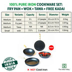 The Indus Valley 100% Pure Iron Cookware Set: Tawa+ Fry Pan+ Wok, Toxin-free Sheet Iron, Pre-seasoned, Induction & Gas, Kitchen Set for Home, Kadai
