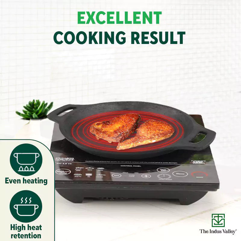 The Indus Valley CASTrong Cast Iron Fish Fry Pan, Pre-seasoned, Nonstick, 100% Pure, Toxin-free, Induction, 22.4/25cm, 1.5kg/2kg