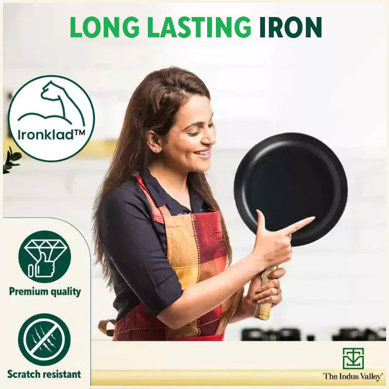 The Indus Valley 100% Pure Iron Cookware Set: Tawa+ Fry Pan+ Wok, Toxin-free Sheet Iron, Pre-seasoned, Induction & Gas, Kitchen Set for Home, Kadai