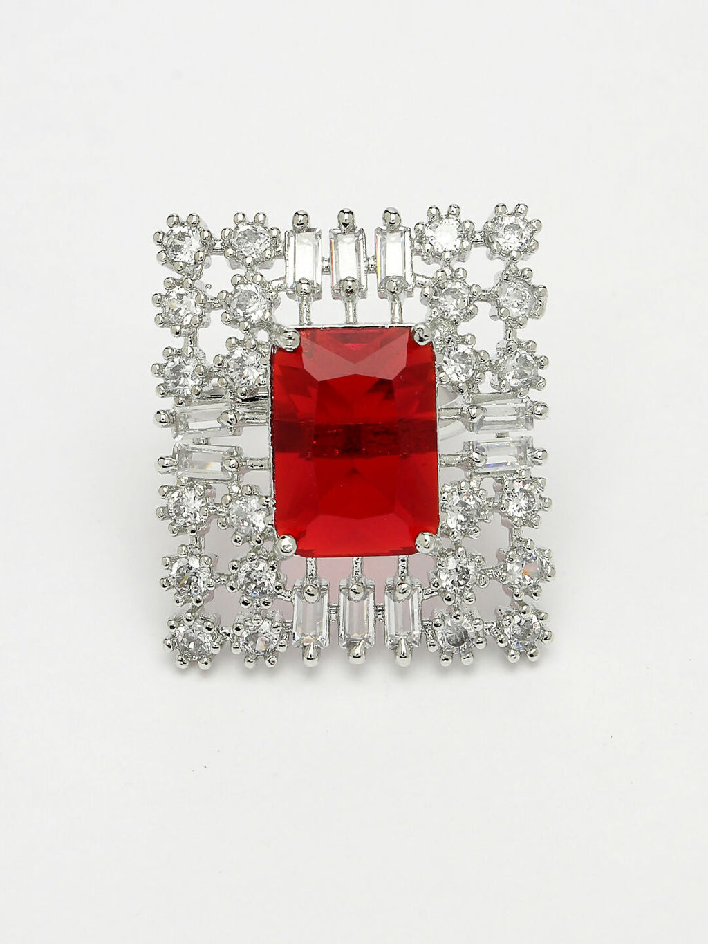 NVR Women's Red & Silver CZ-Studded Square-Shaped Adjustable Finger Ring