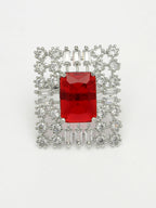 NVR Women's Red & Silver CZ-Studded Square-Shaped Adjustable Finger Ring
